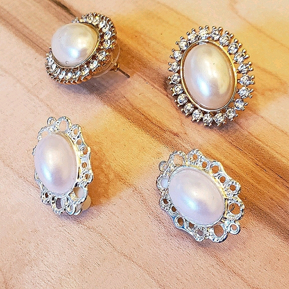 2 Pair Faux Pearl Crystal Earrings Gold Silver … - Picture 5 of 5